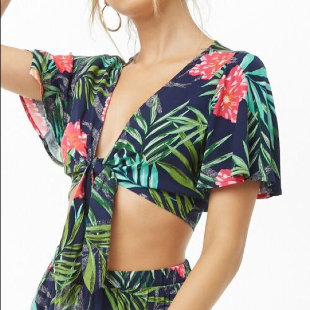 Floral & Palm Leaf Tie-Front Crop Top